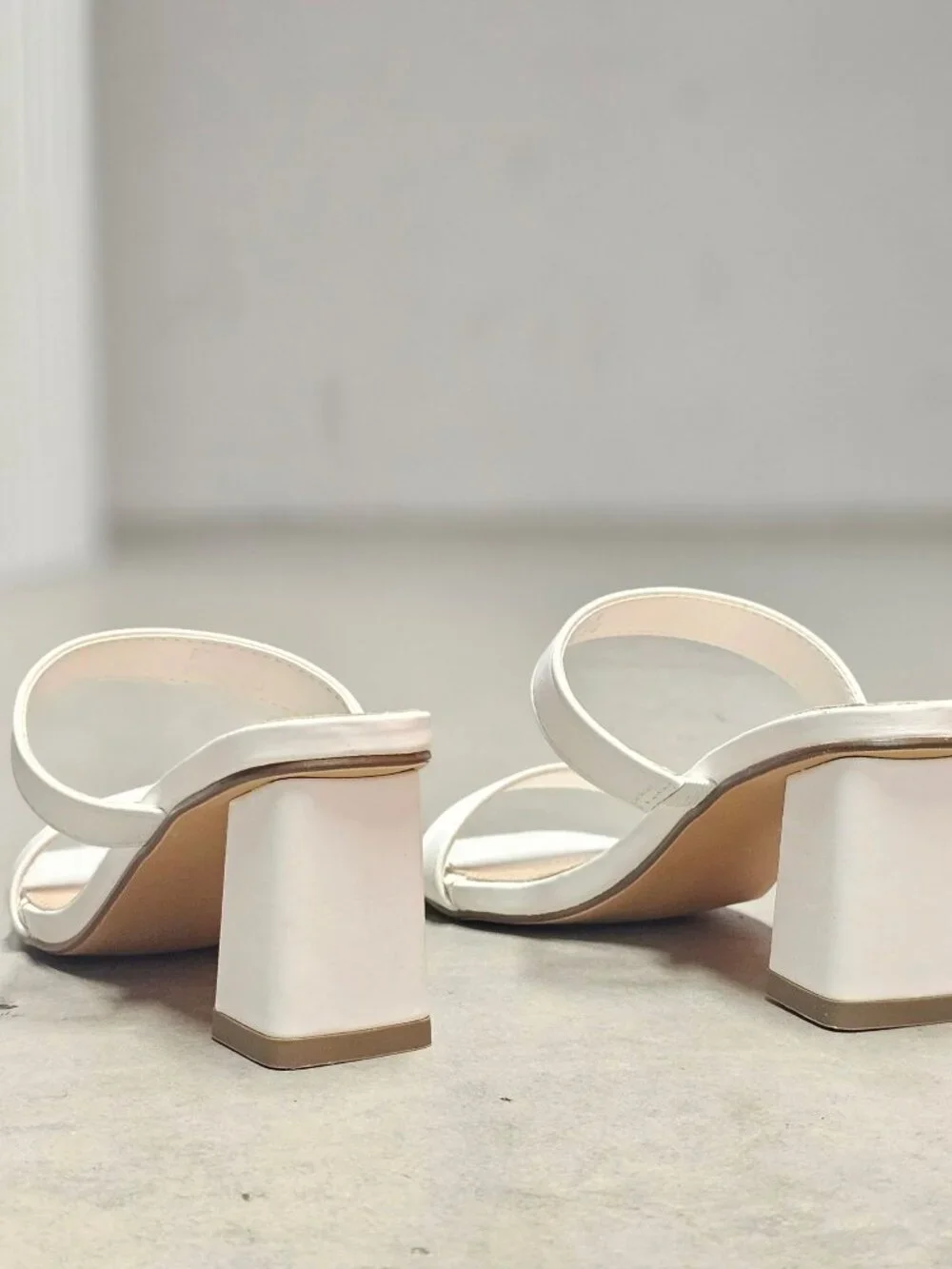 White Faux Leather Block Heel Sandals With Double Straps & Square Toe For Women